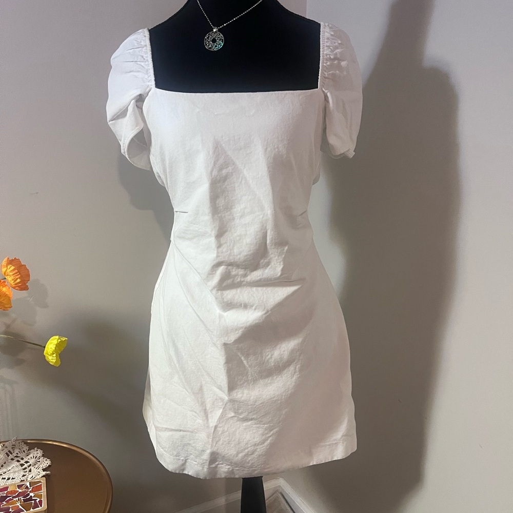 Zara White Mini Dress with Puff Sleeve and Criss Cross Back